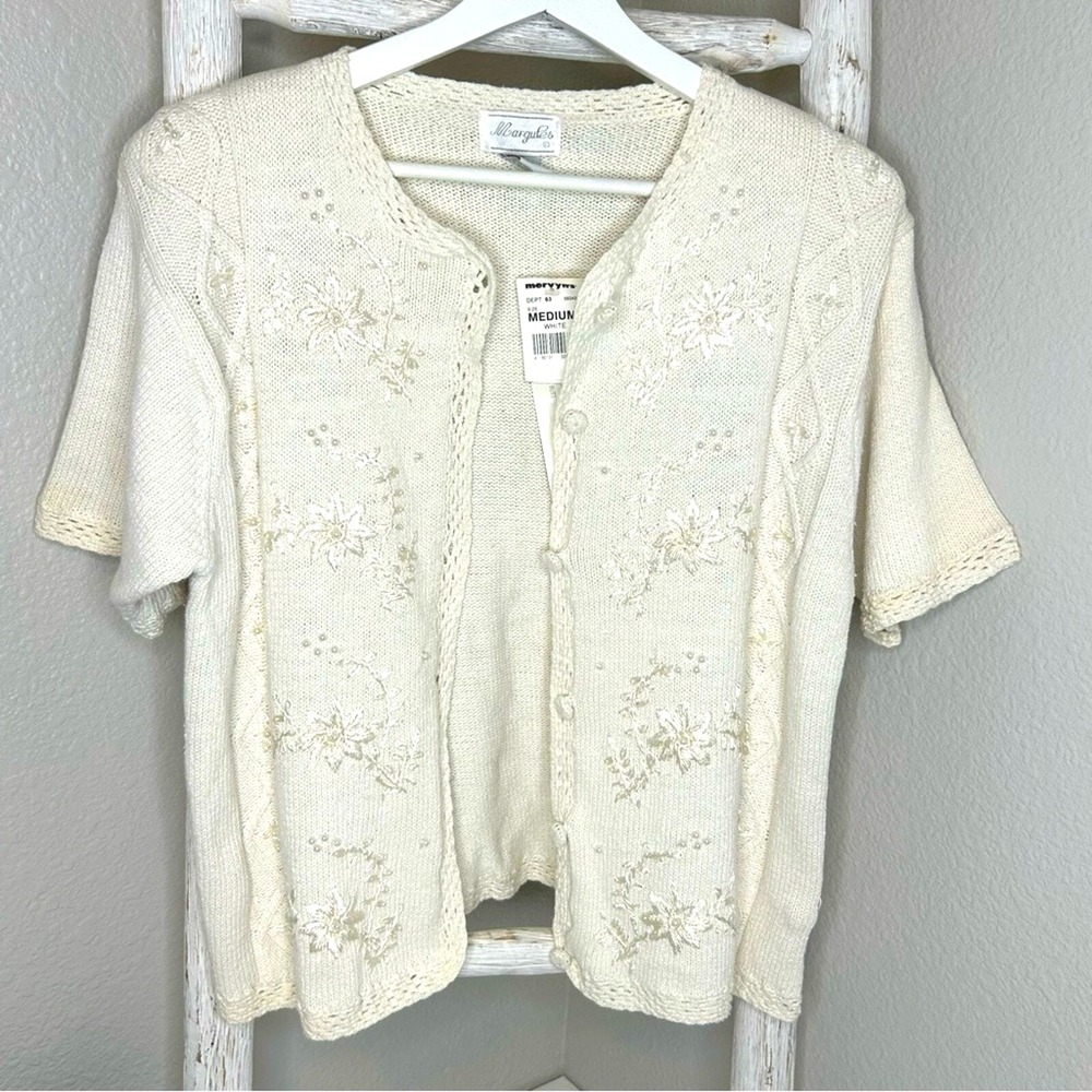 Vintage Margules Cream Floral Beaded Knit Cardigan‎ Top Short Sleeve Medium